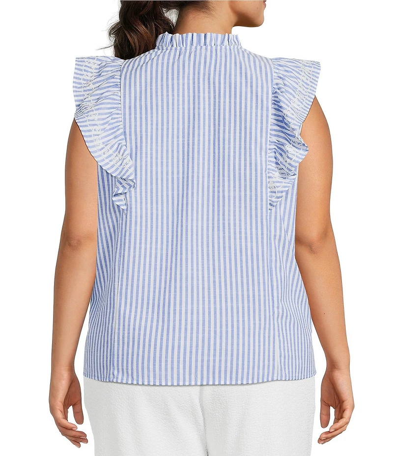 Calessa Plus Size Woven Stripe Split-V-Neck Ruffle Cap Sleeve Embroidered Button-Front Tunic