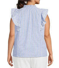Calessa Plus Size Woven Stripe Split-V-Neck Ruffle Cap Sleeve Embroidered Button-Front Tunic