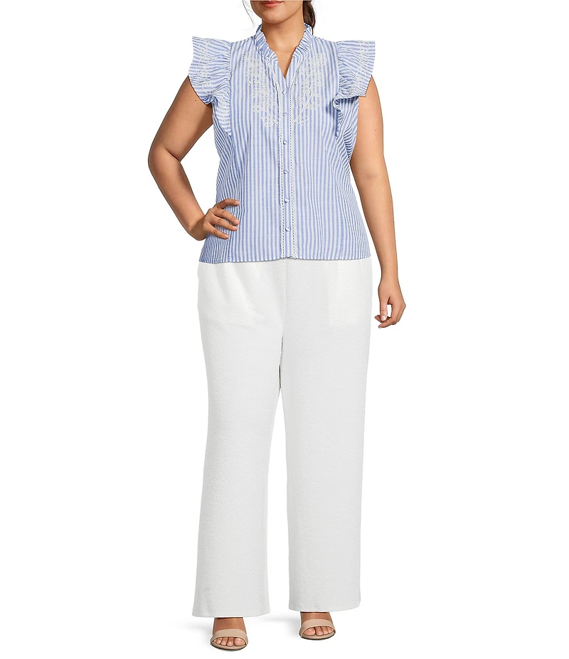 Calessa Plus Size Woven Stripe Split-V-Neck Ruffle Cap Sleeve Embroidered Button-Front Tunic