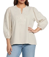 Calessa Plus Size Woven Striped Embroidered Split V-Neck 3/4 Sleeve Tunic