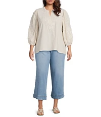 Calessa Plus Size Woven Striped Embroidered Split V-Neck 3/4 Sleeve Tunic