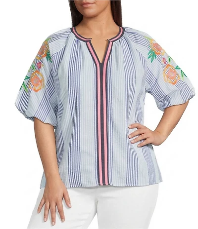 Calessa Plus Size Woven Stripped Embroidered Split V-Neck Elbow Length Balloon Sleeve Tunic