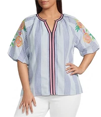 Calessa Plus Size Woven Stripped Embroidered Split V-Neck Elbow Length Balloon Sleeve Tunic