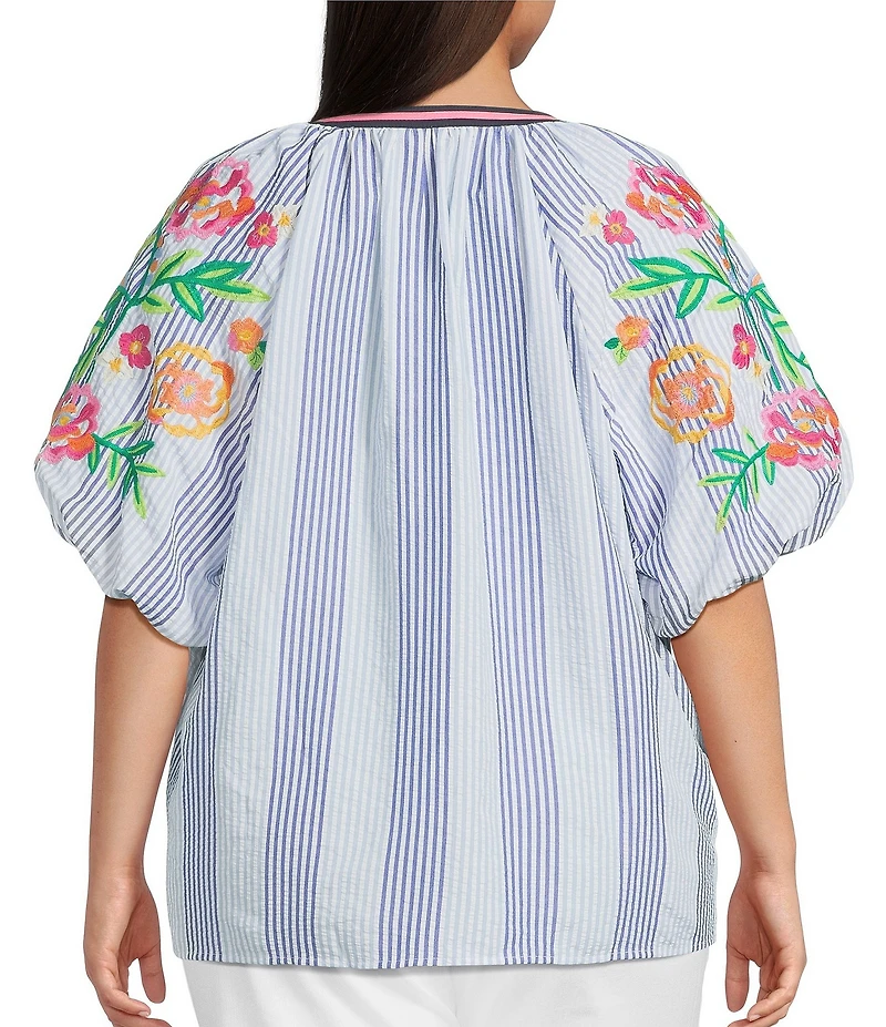 Calessa Plus Size Woven Stripped Embroidered Split V-Neck Elbow Length Balloon Sleeve Tunic