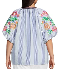 Calessa Plus Size Woven Stripped Embroidered Split V-Neck Elbow Length Balloon Sleeve Tunic