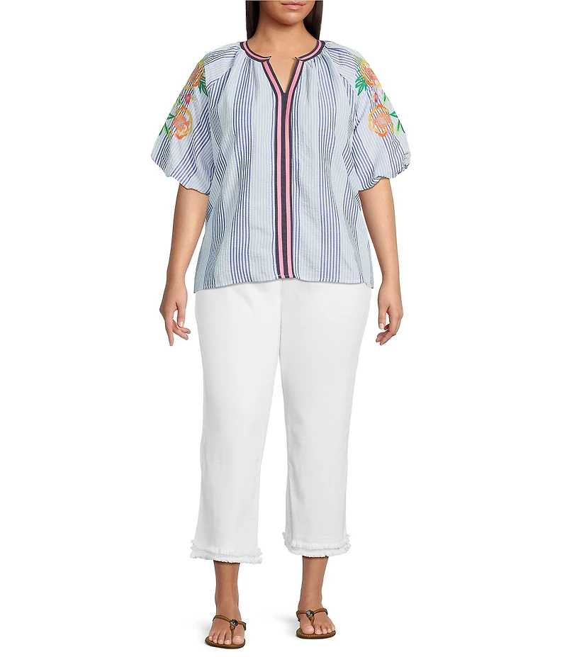 Calessa Plus Size Woven Stripped Embroidered Split V-Neck Elbow Length Balloon Sleeve Tunic
