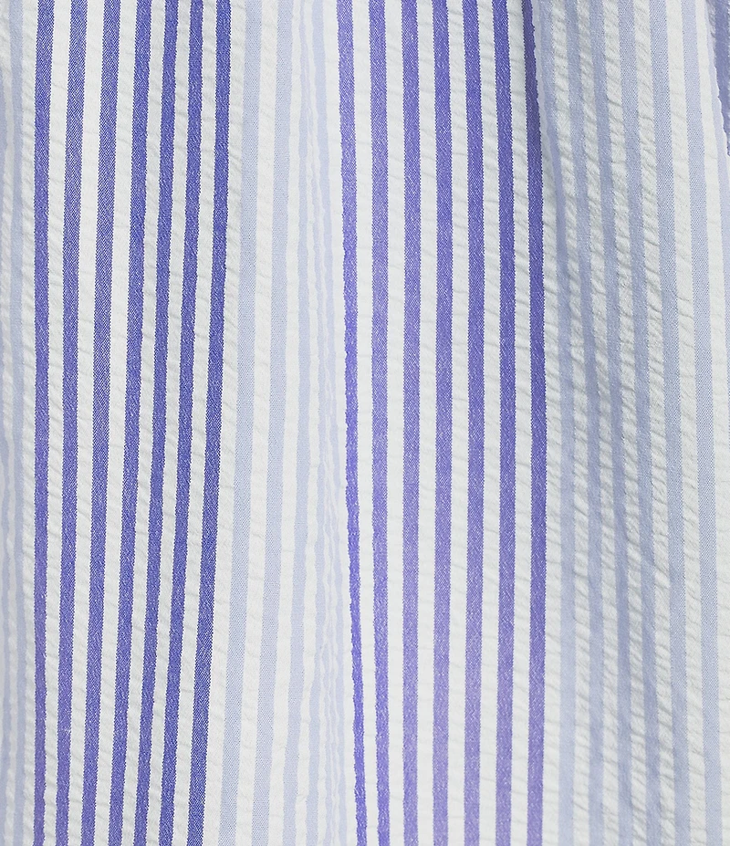 Calessa Plus Size Woven Stripped Embroidered Split V-Neck Elbow Length Balloon Sleeve Tunic