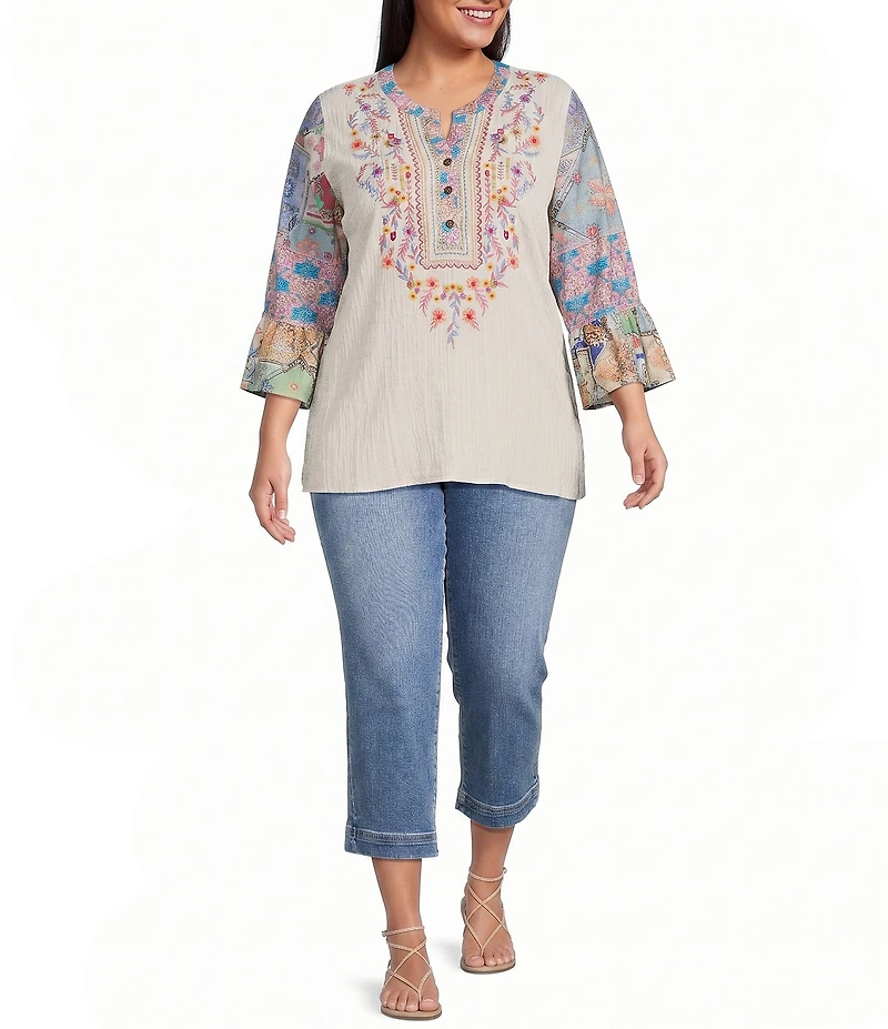 Calessa Plus Size Woven Textured Embroidered Patchwork Split V-Neck 3/4 Bell Sleeve Tunic