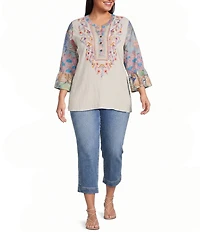 Calessa Plus Size Woven Textured Embroidered Patchwork Split V-Neck 3/4 Bell Sleeve Tunic