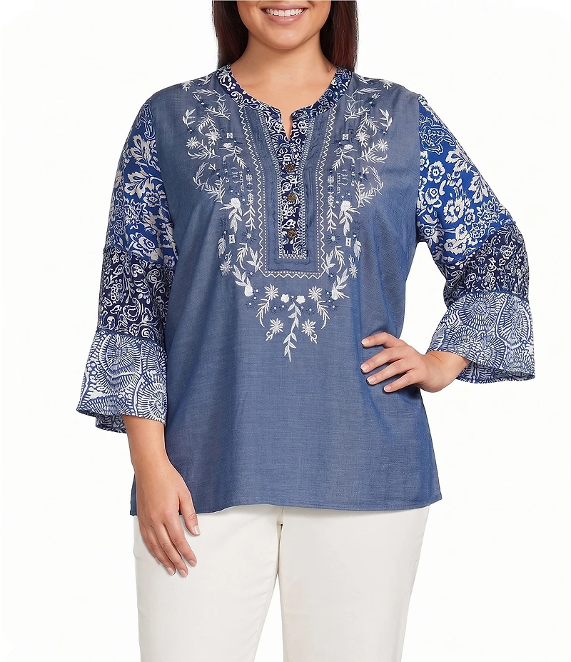 Calessa Plus Size Woven Textured Embroidered Split V-Neck 3/4 Bell Sleeve Tunic