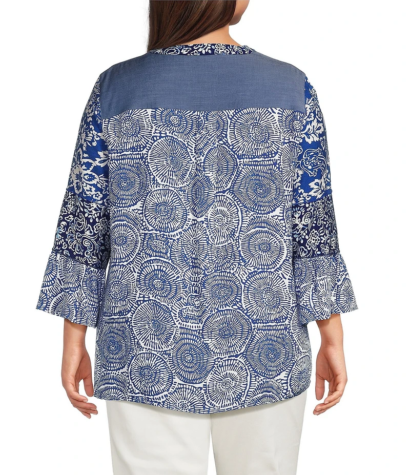 Calessa Plus Size Woven Textured Embroidered Split V-Neck 3/4 Bell Sleeve Tunic