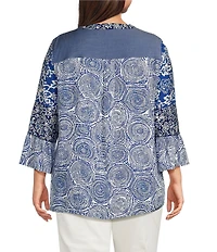 Calessa Plus Size Woven Textured Embroidered Split V-Neck 3/4 Bell Sleeve Tunic