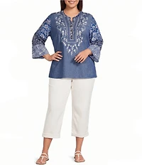 Calessa Plus Size Woven Textured Embroidered Split V-Neck 3/4 Bell Sleeve Tunic