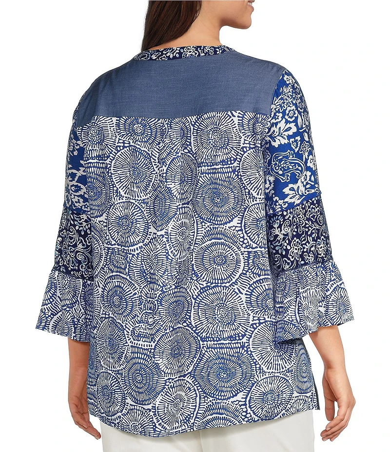 Calessa Plus Size Woven Textured Embroidered Split V-Neck 3/4 Bell Sleeve Tunic