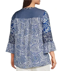 Calessa Plus Size Woven Textured Embroidered Split V-Neck 3/4 Bell Sleeve Tunic