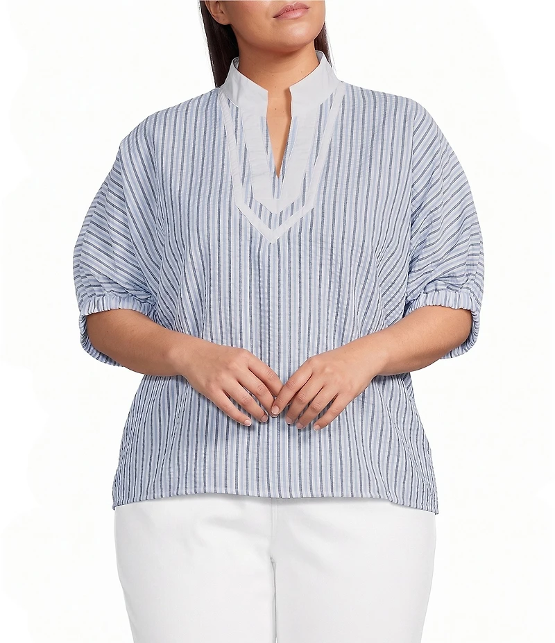 Calessa Plus Size Woven Textured Stripe Band Collar Elbow Length Sleeve Tunic