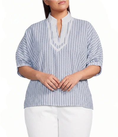 Calessa Plus Size Woven Textured Stripe Band Collar Elbow Length Sleeve Tunic