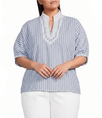 Calessa Plus Size Woven Textured Stripe Band Collar Elbow Length Sleeve Tunic