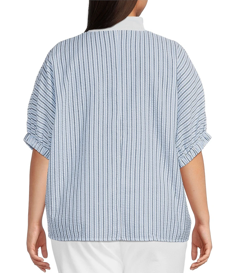 Calessa Plus Size Woven Textured Stripe Band Collar Elbow Length Sleeve Tunic