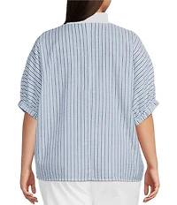 Calessa Plus Size Woven Textured Stripe Band Collar Elbow Length Sleeve Tunic