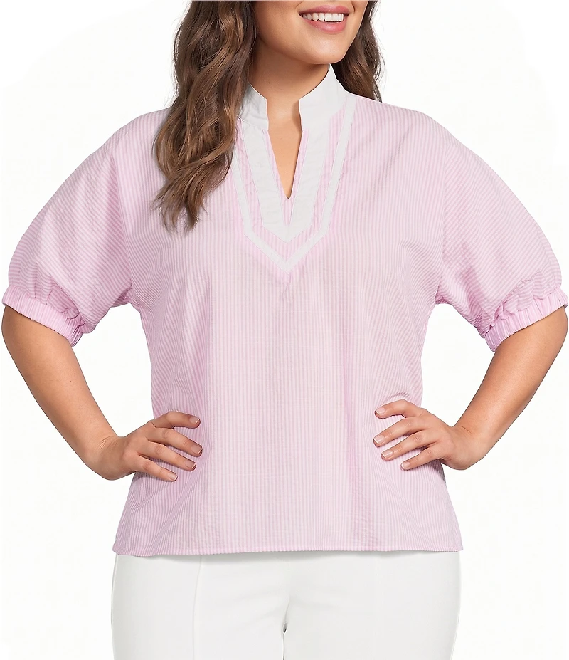 Calessa Plus Size Woven Textured Stripe Band Collar Elbow Length Sleeve Tunic