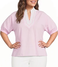 Calessa Plus Size Woven Textured Stripe Band Collar Elbow Length Sleeve Tunic