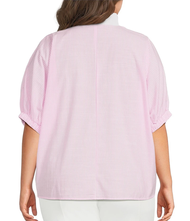 Calessa Plus Size Woven Textured Stripe Band Collar Elbow Length Sleeve Tunic