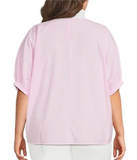 Calessa Plus Size Woven Textured Stripe Band Collar Elbow Length Sleeve Tunic
