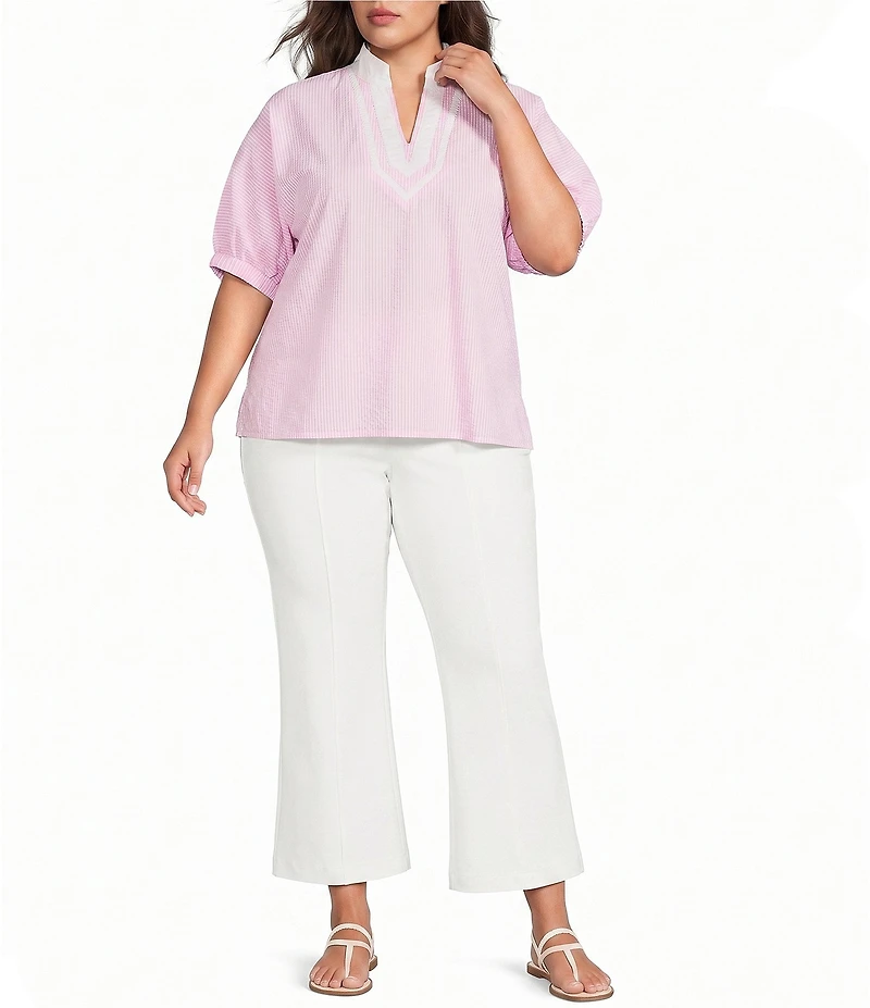 Calessa Plus Size Woven Textured Stripe Band Collar Elbow Length Sleeve Tunic