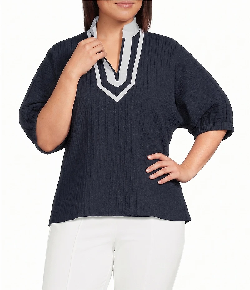 Calessa Plus Size Woven Textured Stripe Band Collar Elbow Length Sleeve Tunic