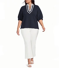 Calessa Plus Size Woven Textured Stripe Band Collar Elbow Length Sleeve Tunic