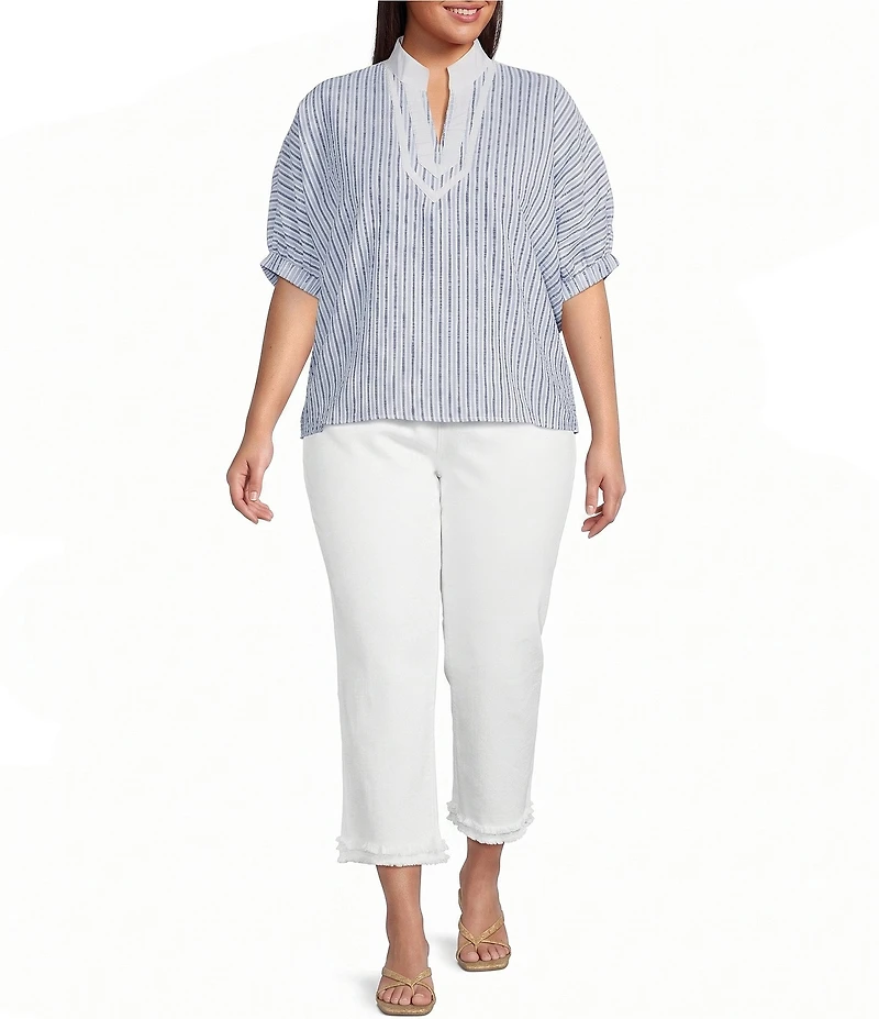 Calessa Plus Size Woven Textured Stripe Band Collar Elbow Length Sleeve Tunic