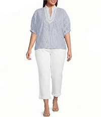 Calessa Plus Size Woven Textured Stripe Band Collar Elbow Length Sleeve Tunic