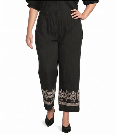 Calessa Plus Size Woven Wide Leg Embroidered Hem Pull-On Pants