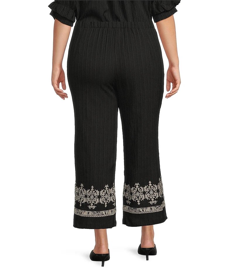 Calessa Plus Size Woven Wide Leg Embroidered Hem Pull-On Pants