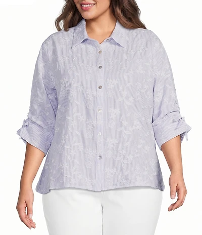 Calessa Plus Size Woven Yarn Dye Stripe Embroidered Point Collar 3/4 Roll-Tab Sleeve Button Front Tunic