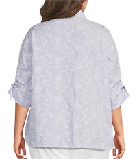 Calessa Plus Size Woven Yarn Dye Stripe Embroidered Point Collar 3/4 Roll-Tab Sleeve Button Front Tunic