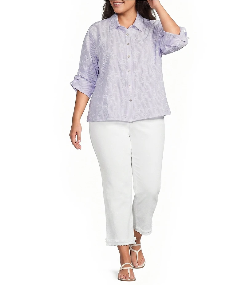 Calessa Plus Size Woven Yarn Dye Stripe Embroidered Point Collar 3/4 Roll-Tab Sleeve Button Front Tunic