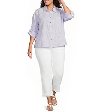 Calessa Plus Size Woven Yarn Dye Stripe Embroidered Point Collar 3/4 Roll-Tab Sleeve Button Front Tunic