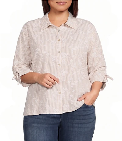 Calessa Plus Size Woven Yarn Dye Stripe Embroidered Point Collar 3/4 Roll-Tab Sleeve Button Front Tunic