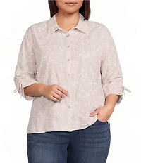 Calessa Plus Size Woven Yarn Dye Stripe Embroidered 3/4 Bow Ties Detail Sleeve Button-Front Tunic