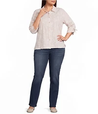 Calessa Plus Size Woven Yarn Dye Stripe Embroidered 3/4 Bow Ties Detail Sleeve Button-Front Tunic