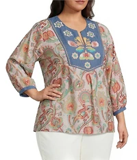 Calessa Plus Woven Embroidered Patchwork Split Tie Neck 3/4 Sleeve Tunic
