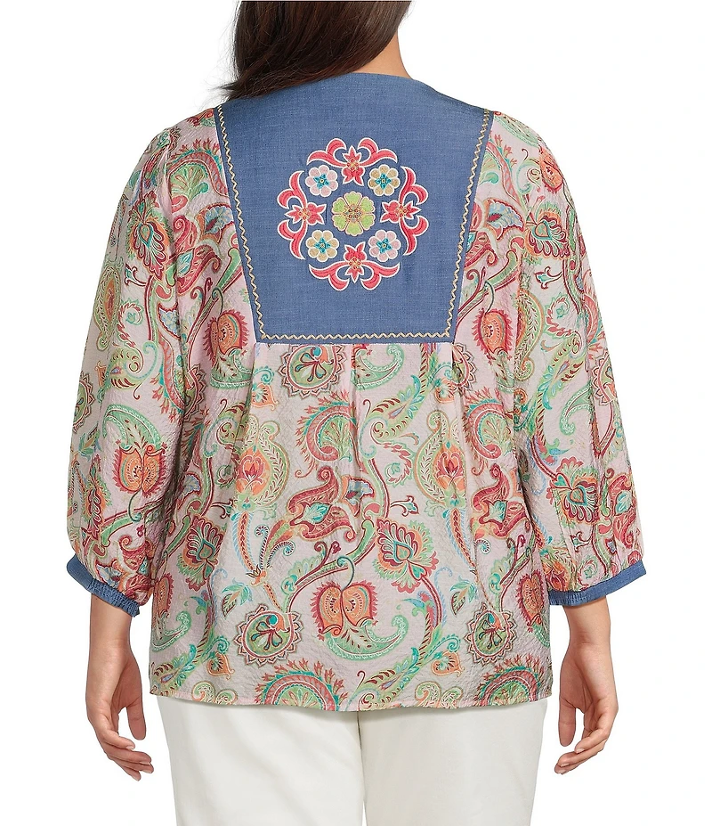 Calessa Plus Woven Embroidered Patchwork Split Tie Neck 3/4 Sleeve Tunic