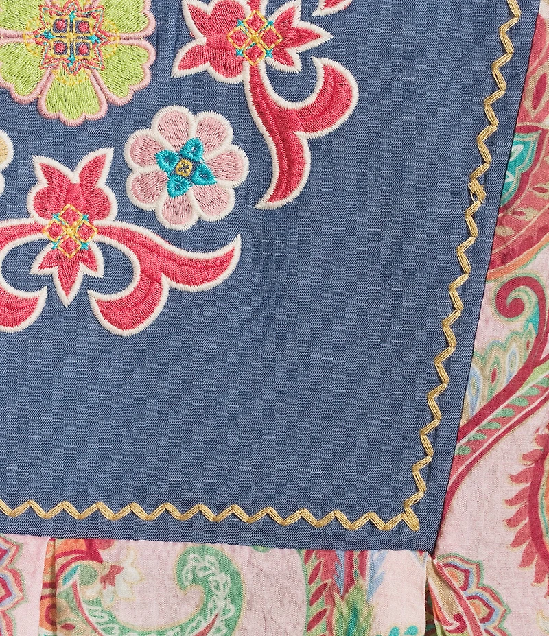 Calessa Plus Woven Embroidered Patchwork Split Tie Neck 3/4 Sleeve Tunic