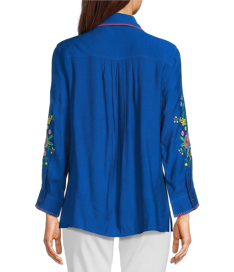 Calessa Point Crinkle Woven Embroidered Point Collar Long Sleeve Button Front Shirt