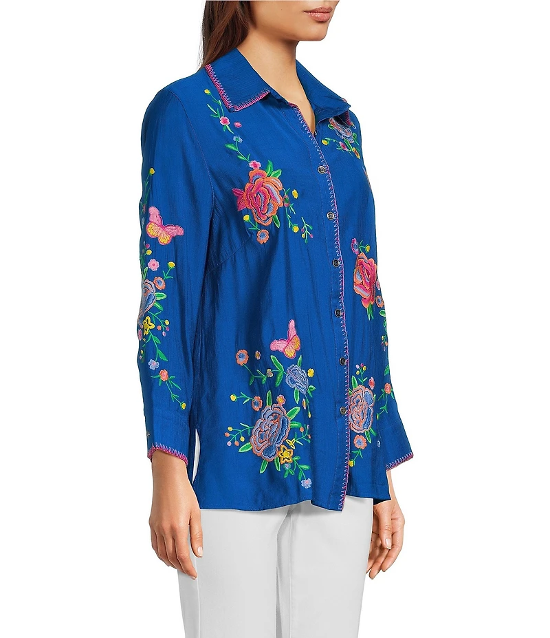 Calessa Point Crinkle Woven Embroidered Point Collar Long Sleeve Button Front Shirt