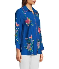 Calessa Point Crinkle Woven Embroidered Point Collar Long Sleeve Button Front Shirt