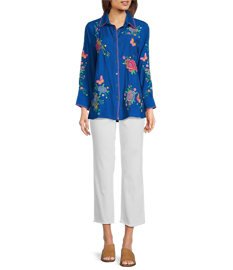 Calessa Point Crinkle Woven Embroidered Point Collar Long Sleeve Button Front Shirt