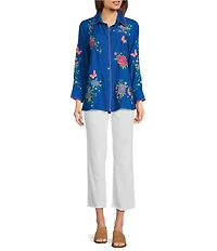 Calessa Point Crinkle Woven Embroidered Point Collar Long Sleeve Button Front Shirt